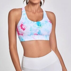 NEW Tie Dye Sports Bra Cross Cross High Support Pink White Blue Medium Pullover